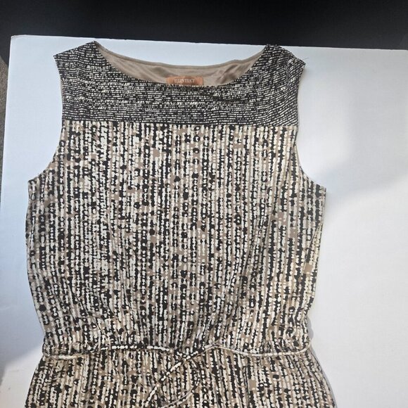 Ellen Tracy Black and Tan Sleeveless Tie Waist Geometrical Midi Dress Large - Picture 9 of 14
